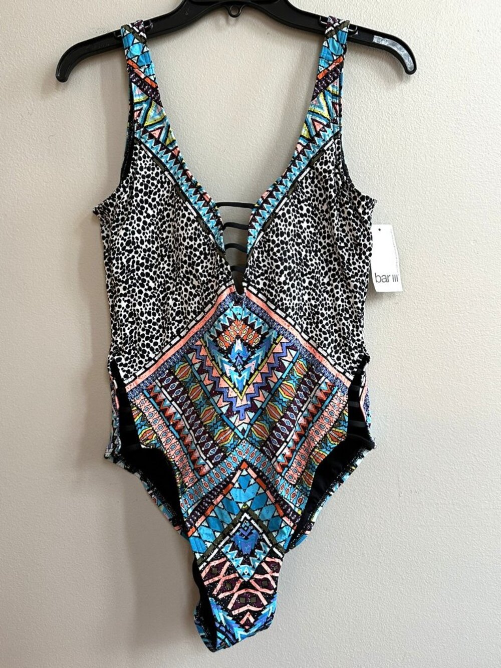 NWT Bar III One Piece Swimsuit size Large Mixed Color and Geometric Design